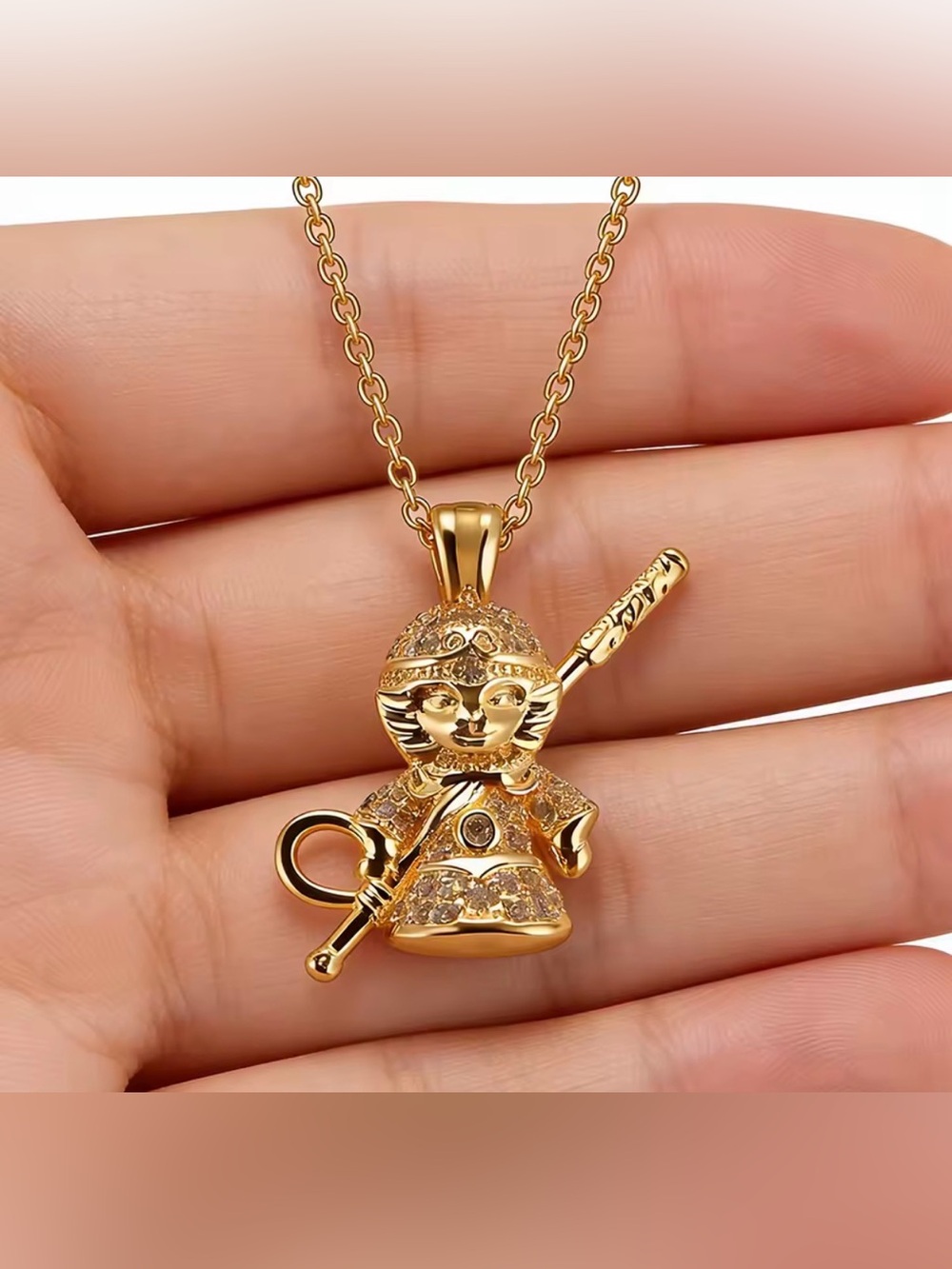 18K Gold Monkey King w/ Staff Micro Pave Diamond Inlay Necklace Mythology Legend - Picture 6 of 13